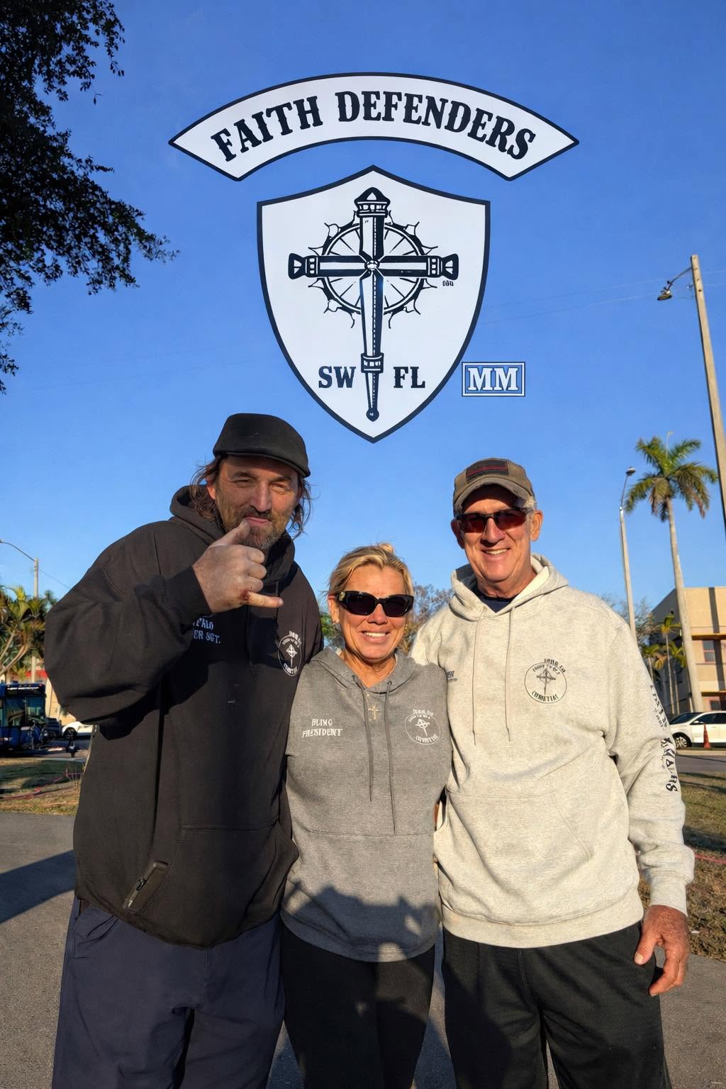Faith Defenders Motorcycle Ministry founding leadership team — Buffalo, Angelika 'Bling' Adams, and Steve Clemons